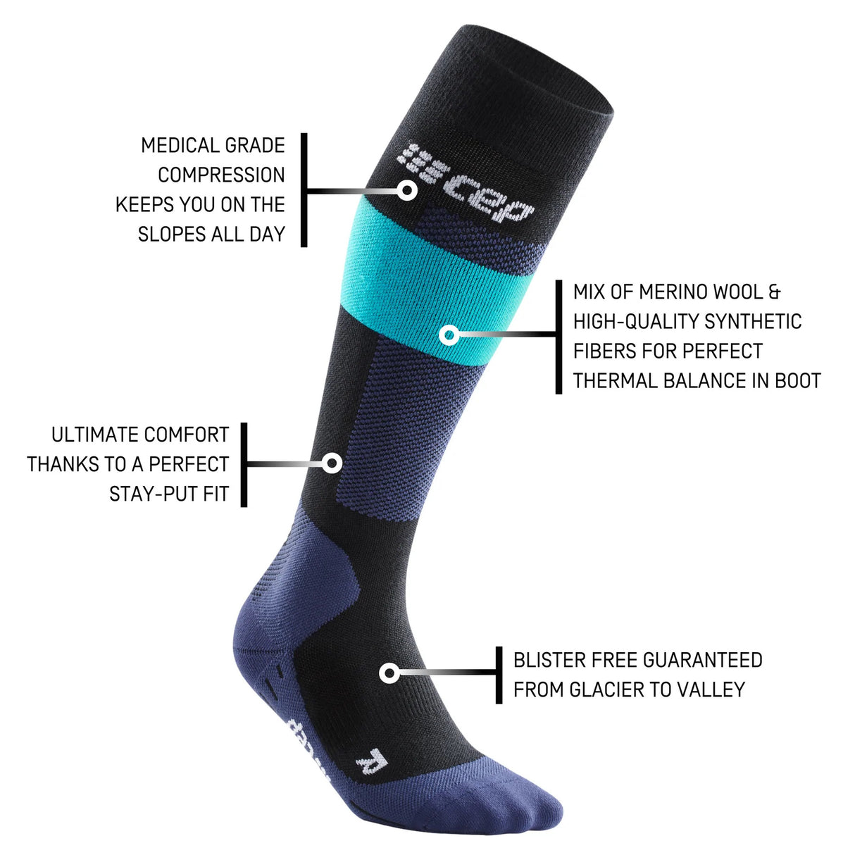 CEP Merino Skisokken met compressie - Blauw